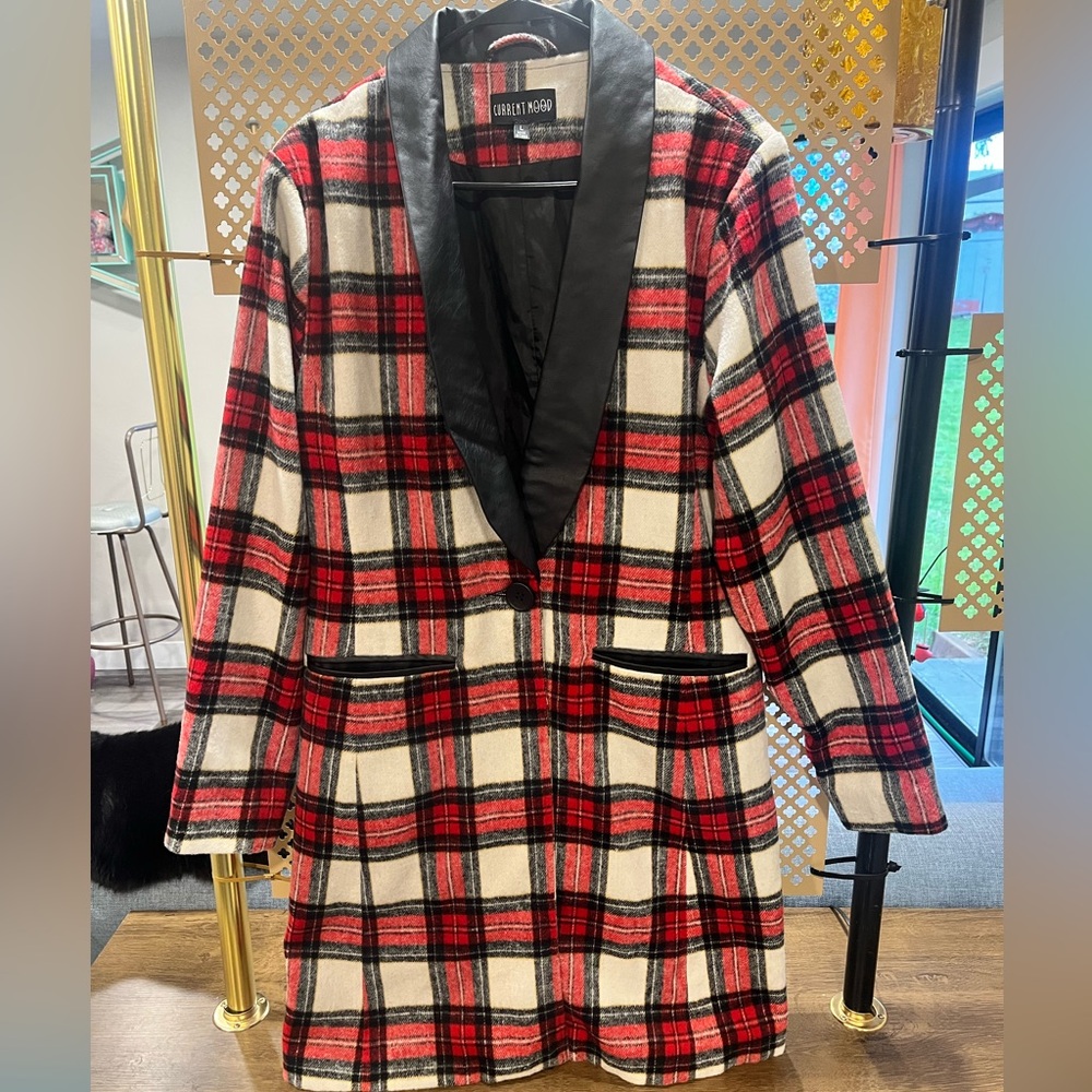 Current Mood Long Plaid Blazer w/Faux Leather Collar and Pocket Trim Size L